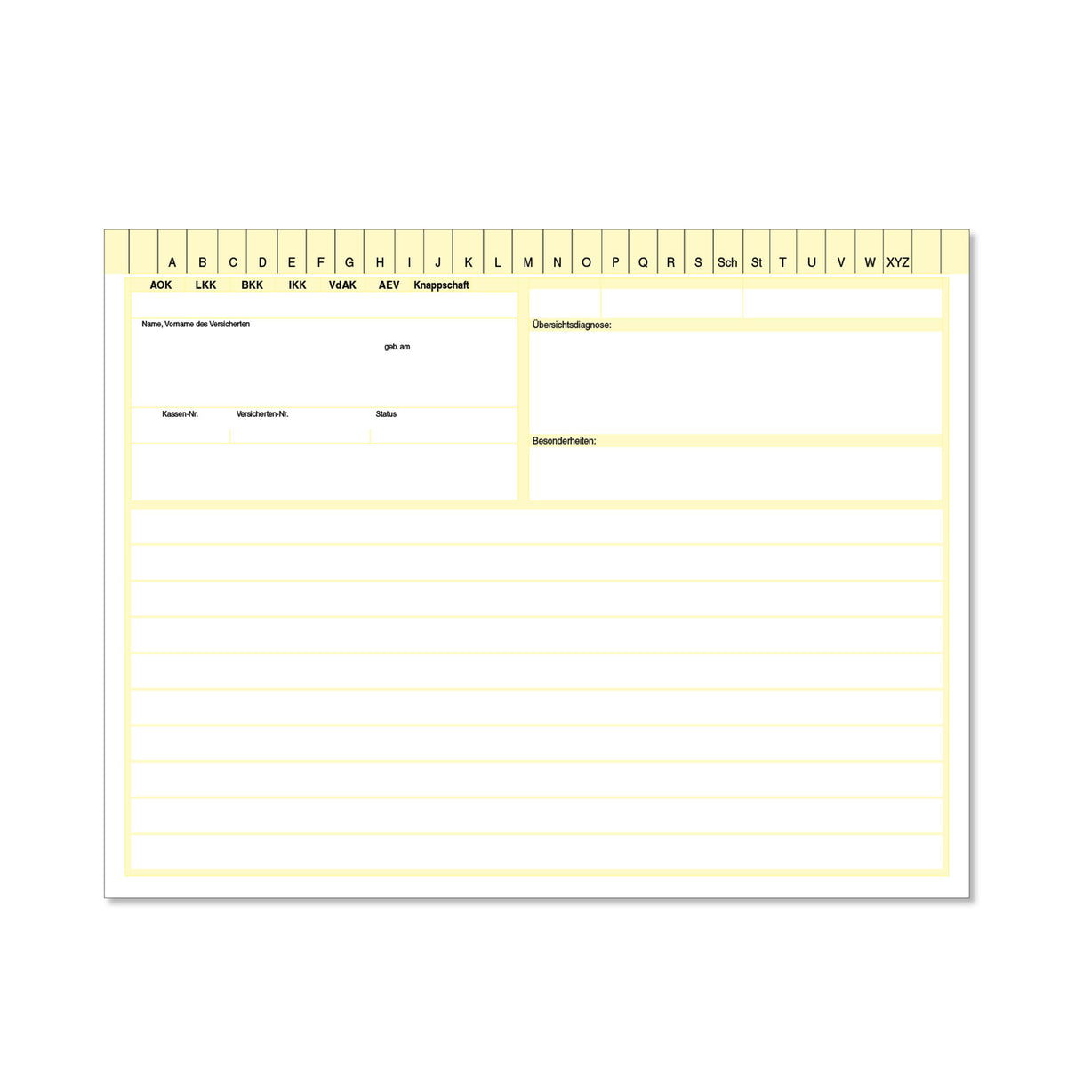 Gelbe A5-Karteitasche, offene Innenansicht mit linierten Bereichen