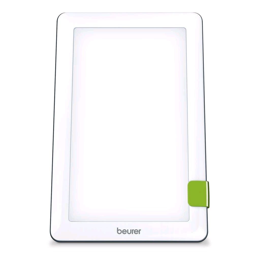 Beurer Tageslichtlampe, weißes Lichtpanel mit schwarzem Rahmen und grünem Kabelhalter