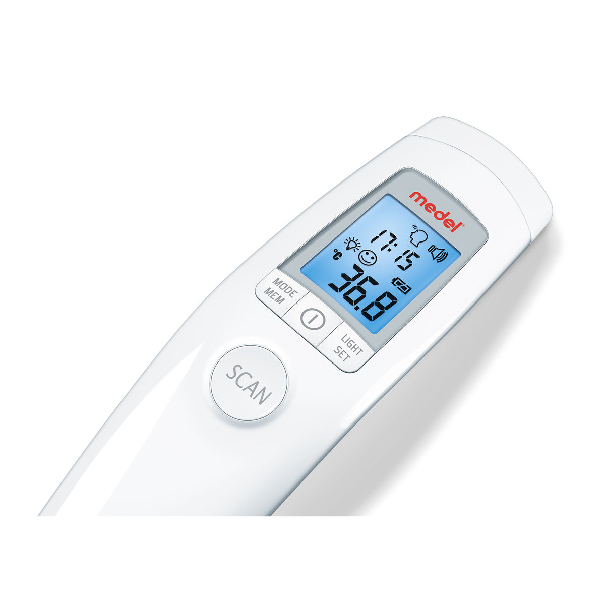 Ohrthermometer von Medel mit blauem Display und Scan-Taste
