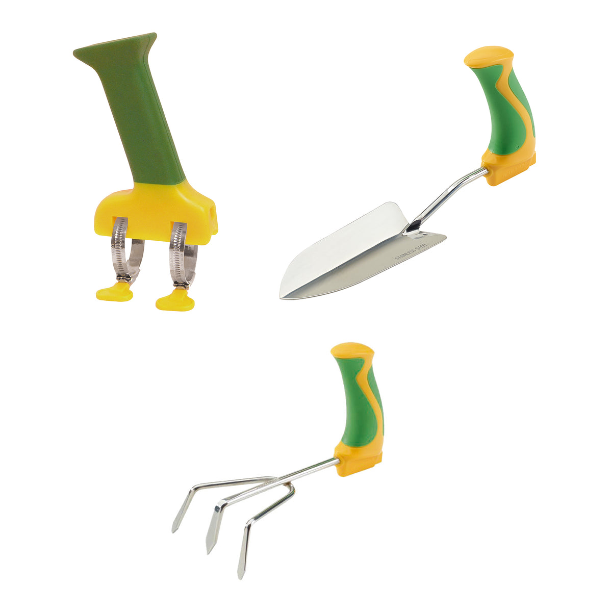 Gartenhilfe-Set: Gartenkralle und Schaufel mit grün-gelbem Griff