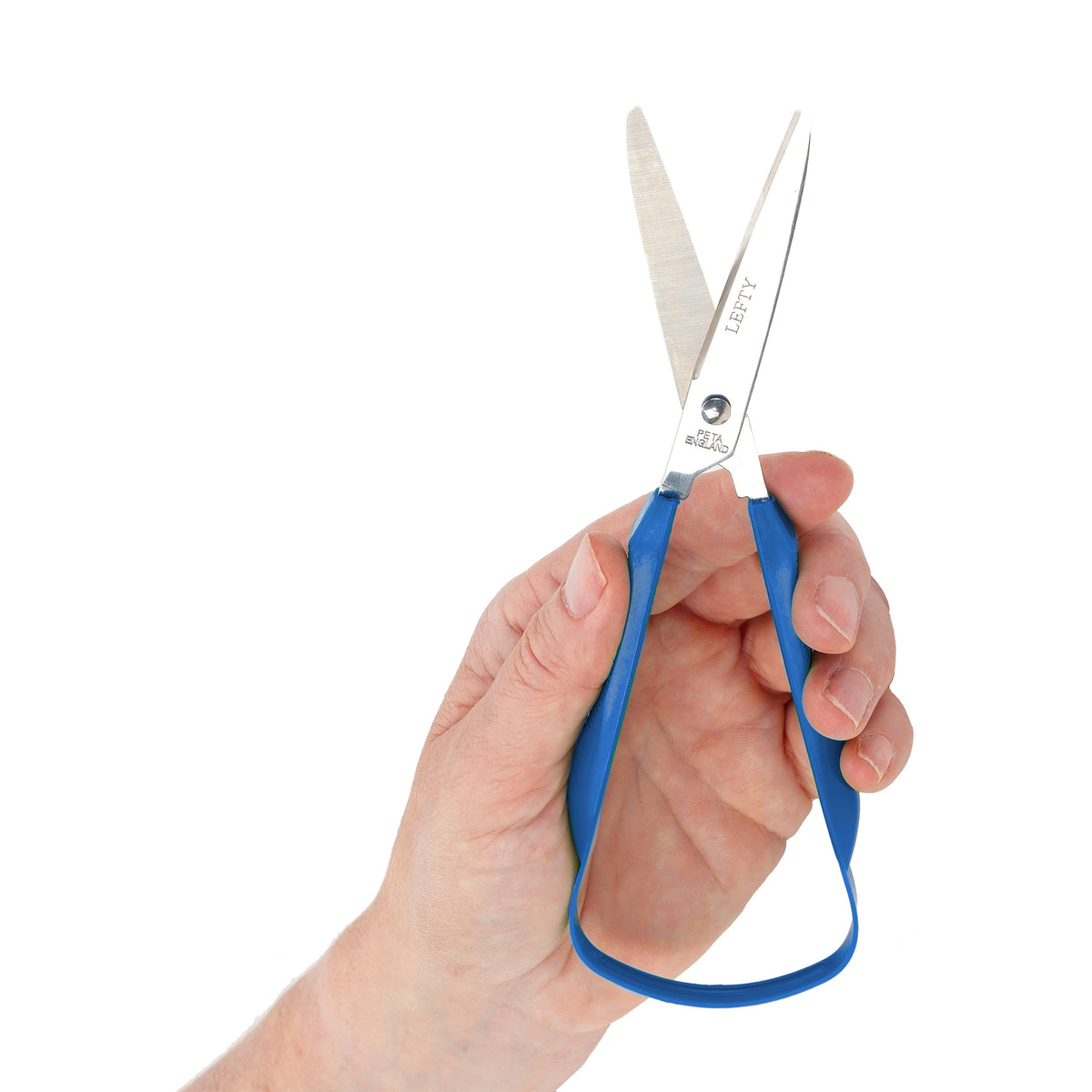 Schere mit EASI-GRIP Griff, blaue Griffe, Hand hält die Schneiden