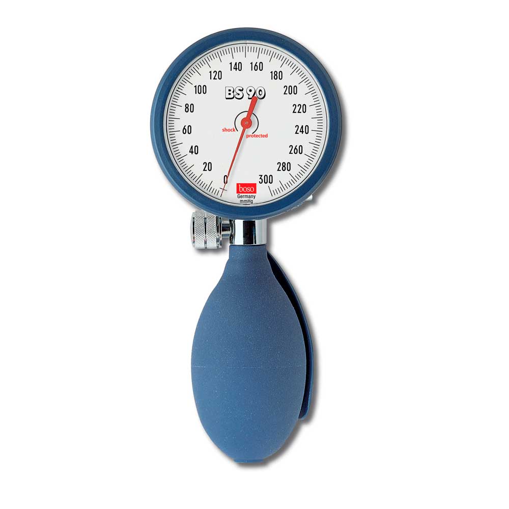 Klassisches Blutdruckmessgerät Boso BS 90 mit Manometer und blauer Manschette