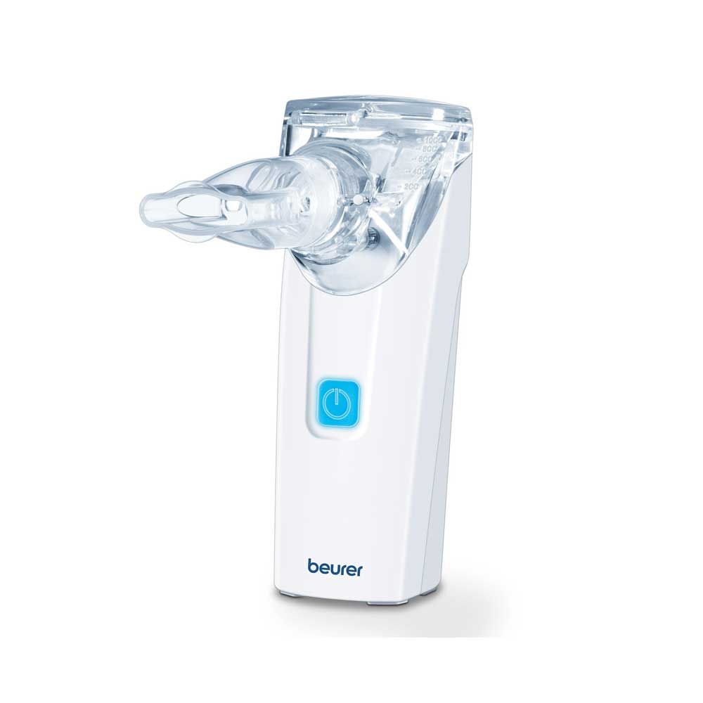 Mobiler Inhalator mit transparenter Vernebler-Einheit, weißem Gehäuse und blauem Ein/Aus-Schalter
