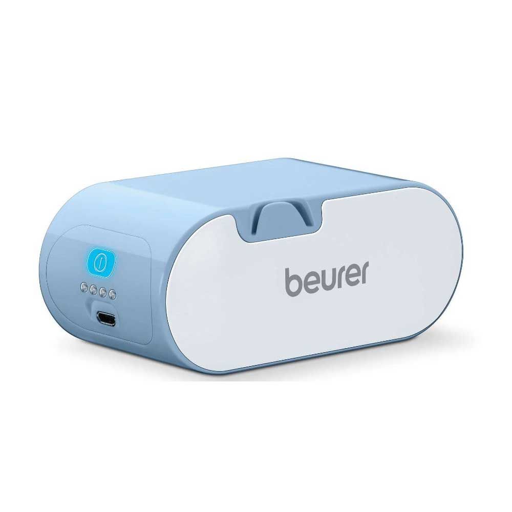 Beurer Kompressor-Inhalator mit blau-grauem Gehäuse und Bedientaste, seitlicher Anschlussbuchse