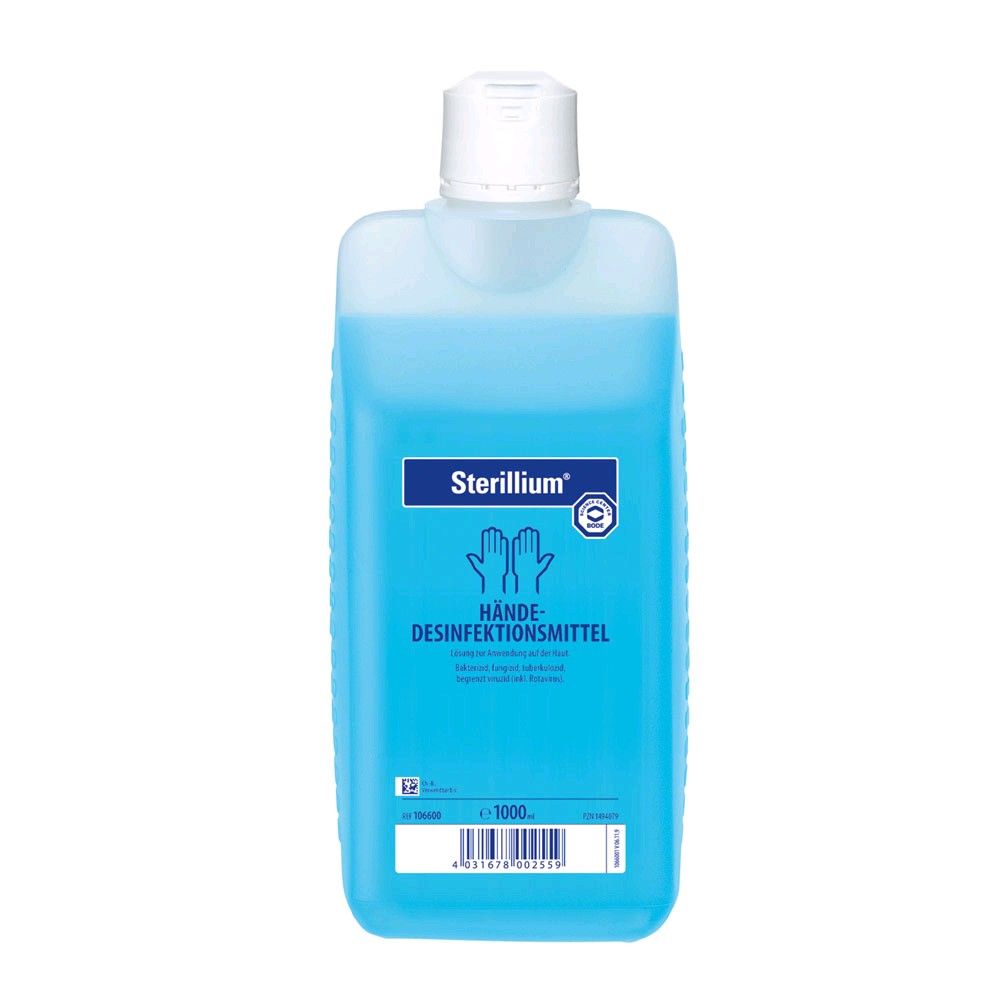 Sterillium Händedesinfektionsmittel in blauer Flasche, weißer Deckel, 1.000 ml