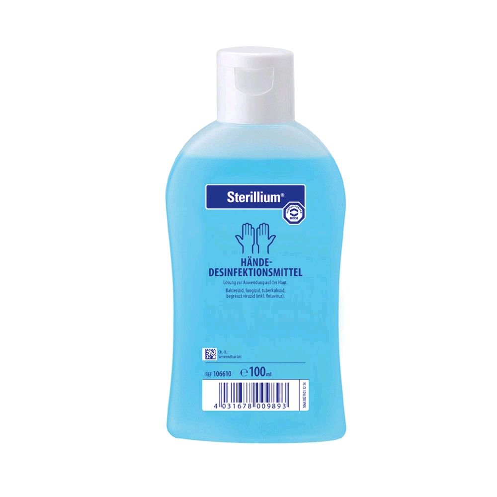 Sterillium Händedesinfektionsmittel in blauer Flasche, weißer Deckel, 100 ml