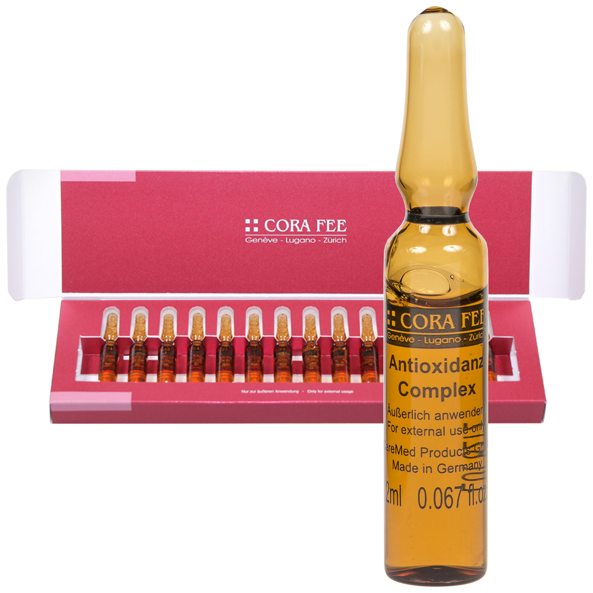 Cora Fee Antioxidanz-Complex Ampulle vor geöffnetem Karton mit 14×2 ml