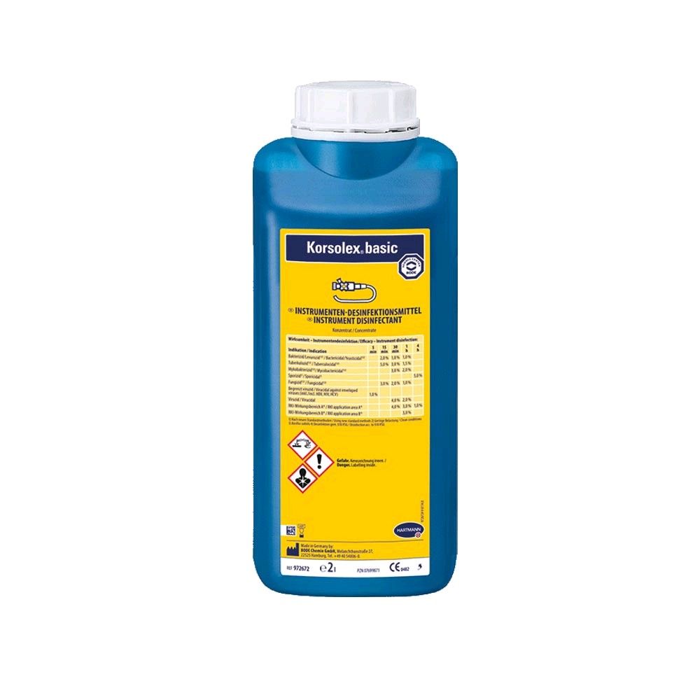 Instrumenten-Desinfektionsmittel-Flasche Korsolex® basic, blau, gelbes Rücketikett