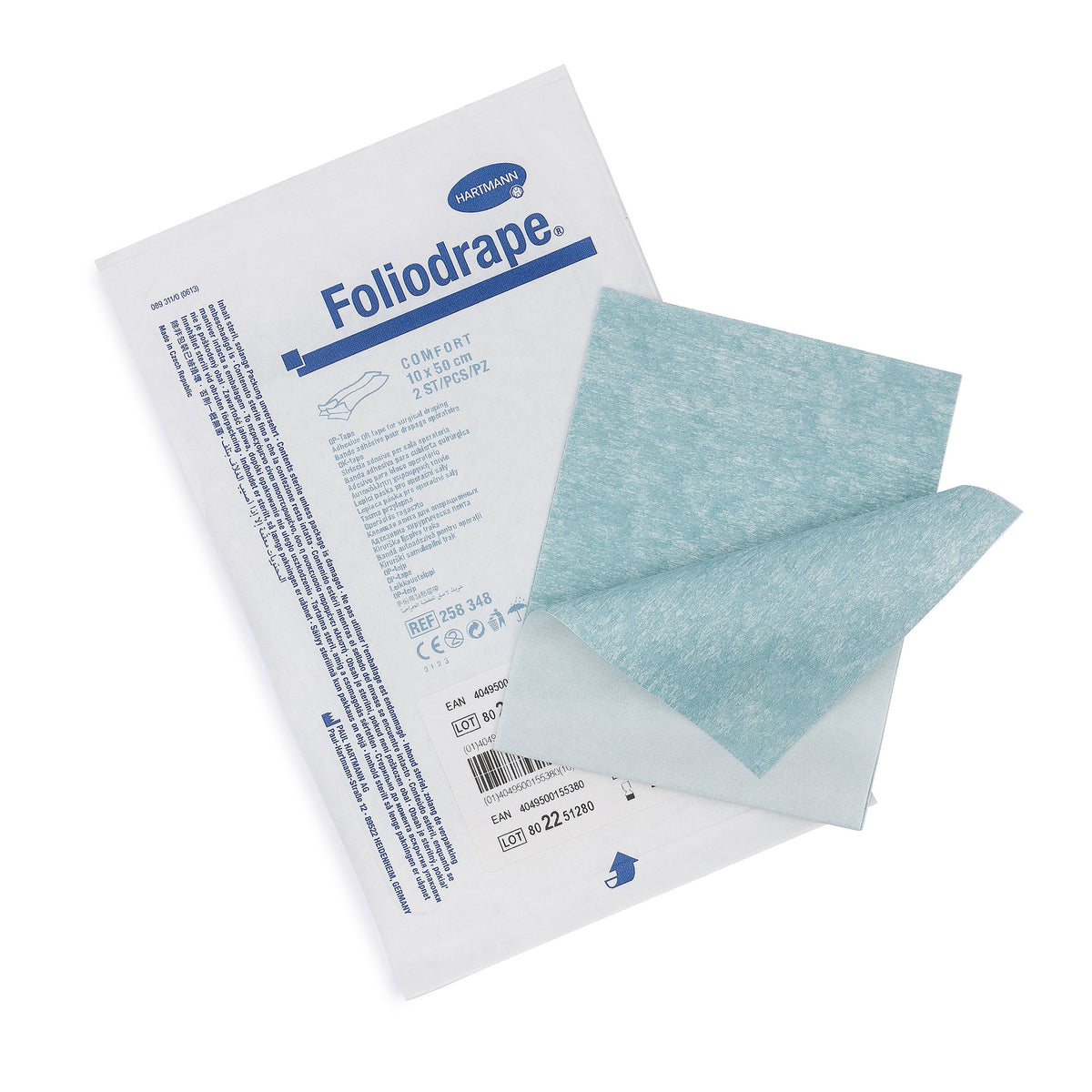 Steriles OP-Foliodrape mit Klebestreifen, 10×50 cm, gefaltet und ausgebreitet