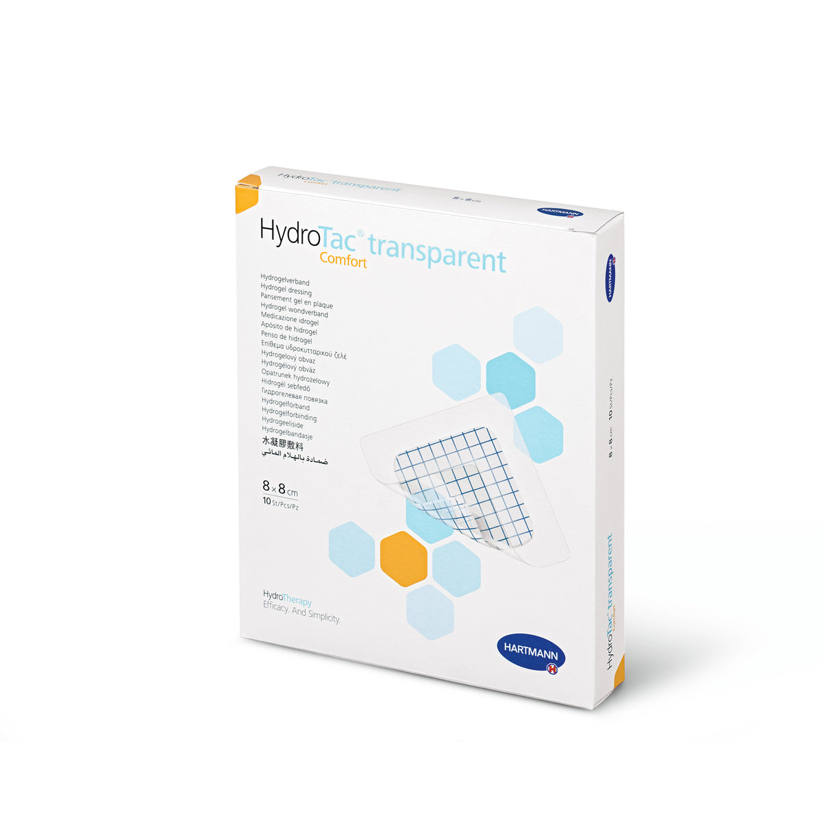 HydroTac® transparent Wundverband-Packung, Vorderansicht, weiß mit blauem Schriftzug