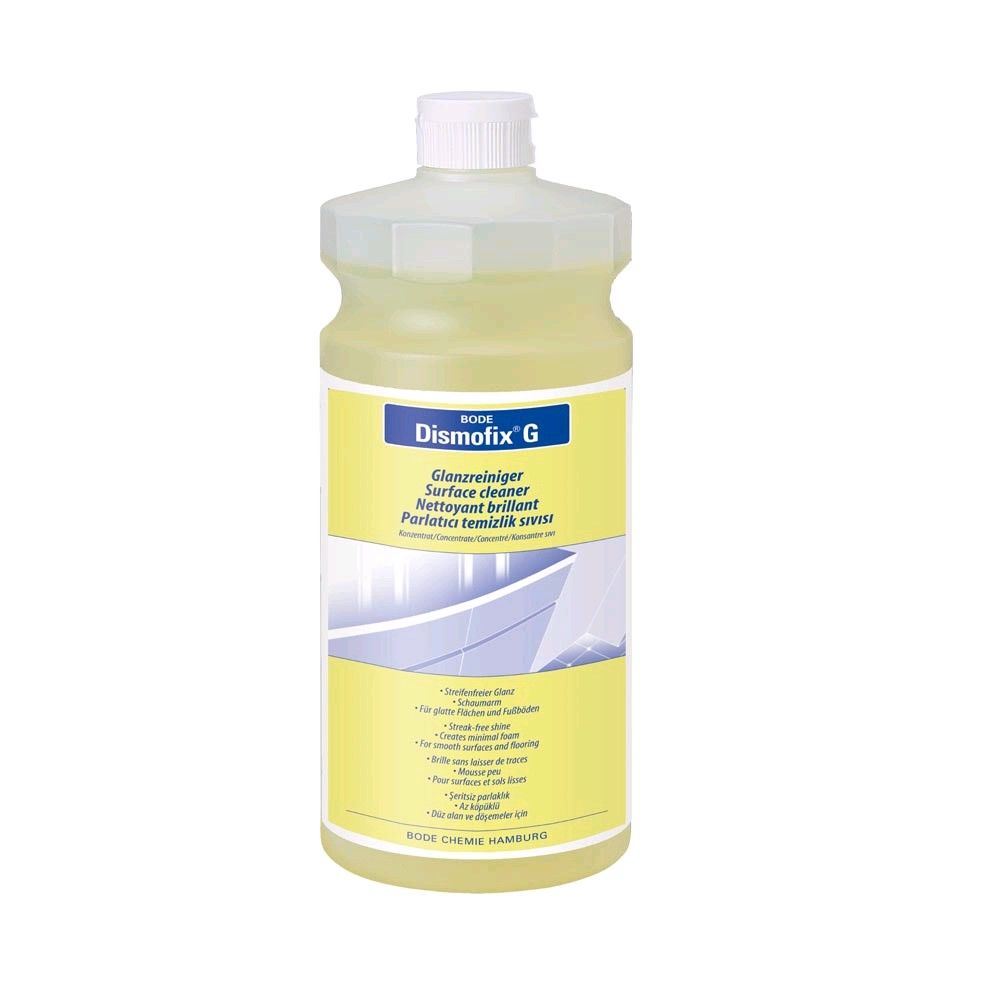 Flächenreiniger Dismofix® G von Bode: transparente Flasche mit weißem Spritzkopf.