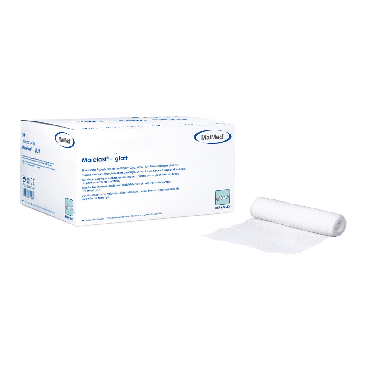 MaiMed Maielast® elastische Fixerbinde, weiße Rolle und Verpackung