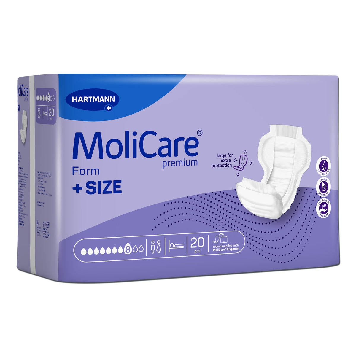 MoliCare Form +SIZE Windelpackung, violette Schachtel mit HARTMANN+ und Produktgrafik