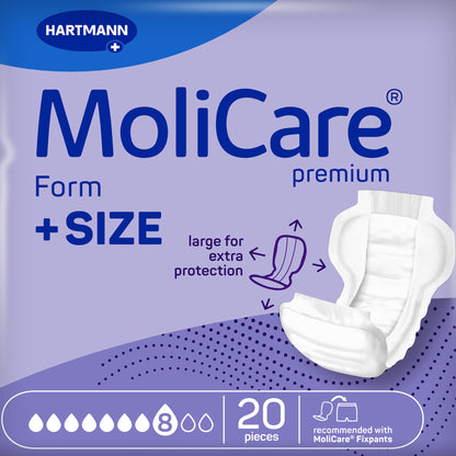 MoliCare premium Form +SIZE Packung, violette Vorderseite mit Hartmann+ Logo und Abbildung