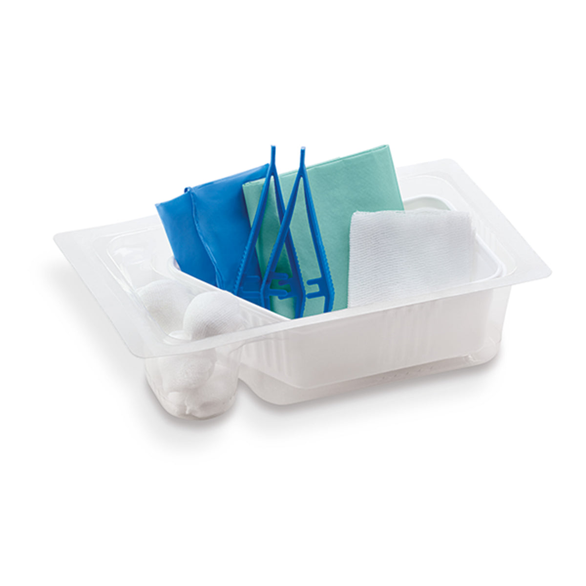 Hartmann Urinkatheter-Set in Wanne: Katheter, Tücher und Polsterteile in Blau/Grün
