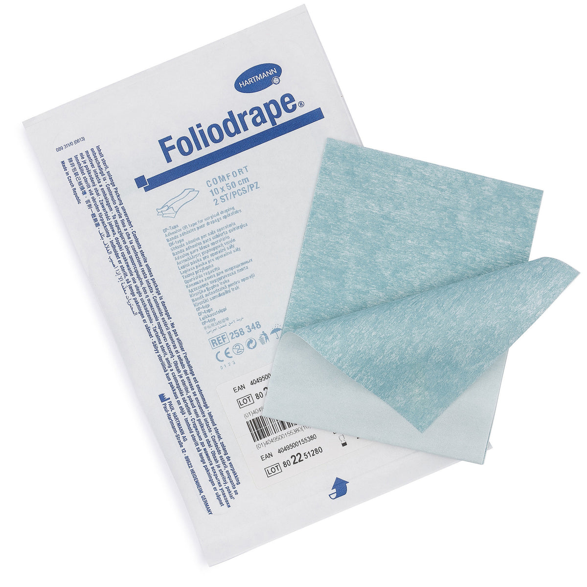 Sterile OP-Foliodrape mit Klebestreifen, blau, 10x50 cm, paarweise verpackt