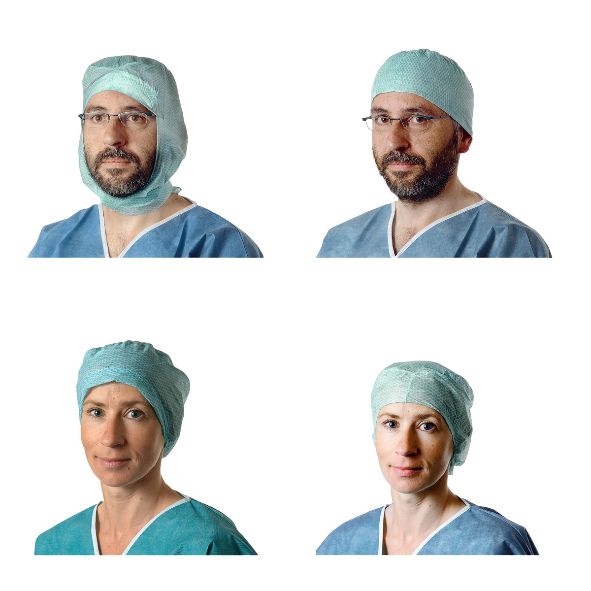 OP-Haube aus atmungsaktivem Netz, türkis, mit Gesichtsausschnitt beim Träger