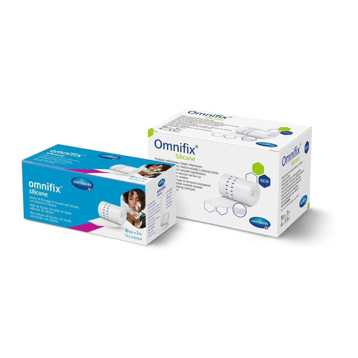 Hartmann Omnifix Silikon-Fixiervlies Packung, zusammen mit Rollen im Karton