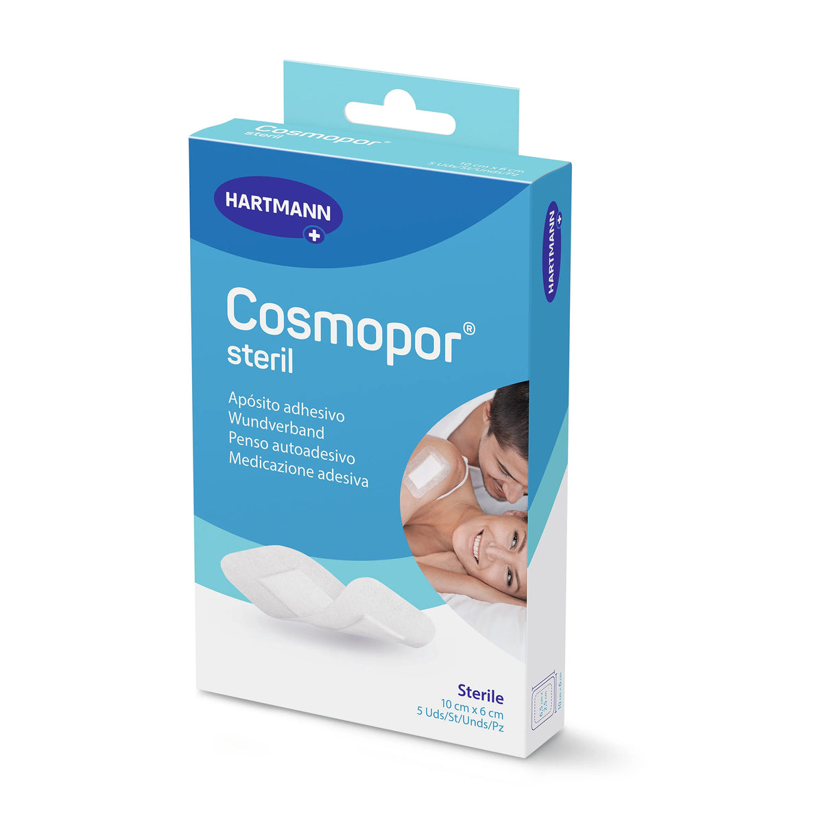 Steriler Wundverband Cosmopor in blauer Packung mit Klebeverband-Abbildung