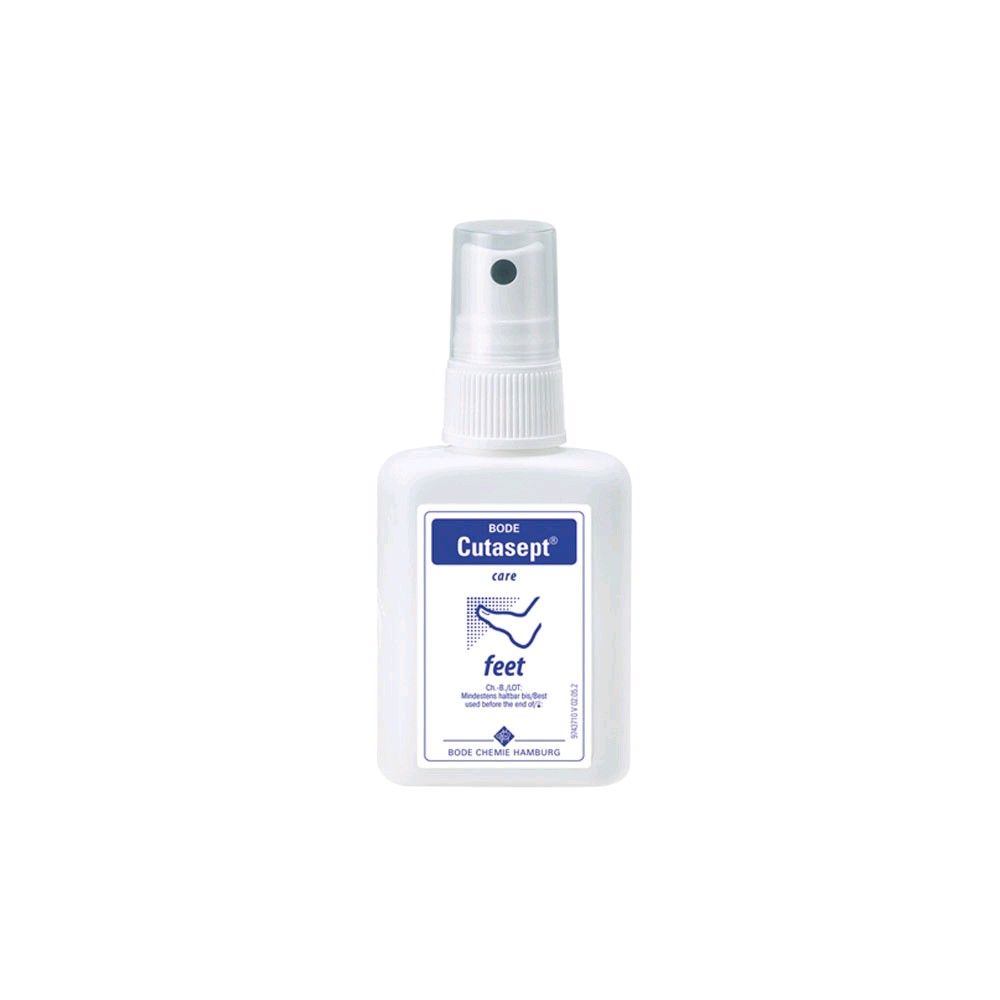 Parfümfreies Cutasept Fußspray, weißer Sprühflakon mit Pumpsprüher und blauem Etikett