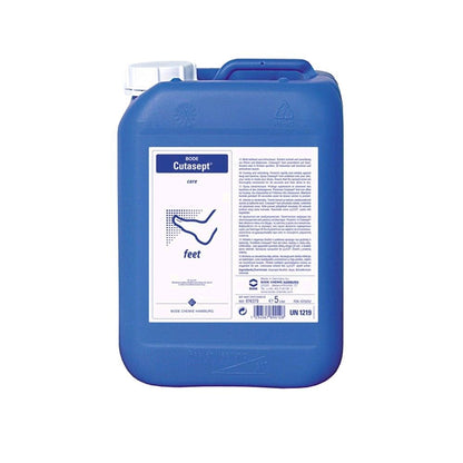 Parfümfreies Cutasept Fußspray, blauer Kanister von hinten mit Etikettbereich und Barcode