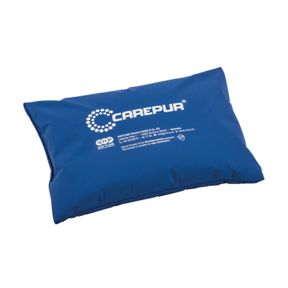 Universalkissen in Blau mit CAREPUR-Logo und Textetikett