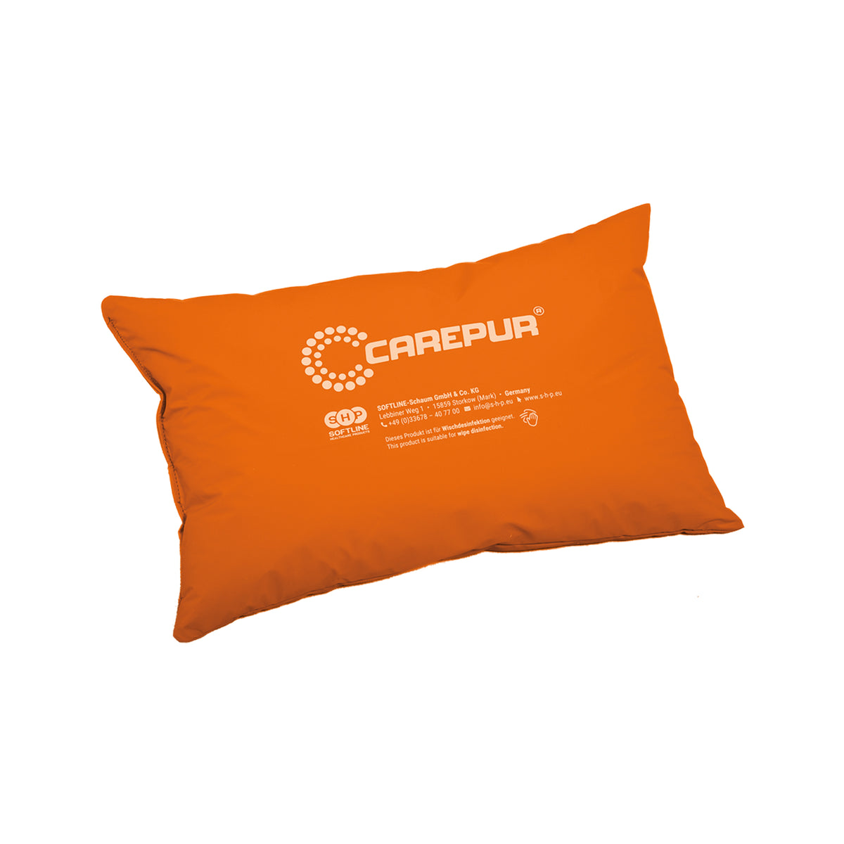 Universalkissen in Orange mit CAREPUR-Logo und Textetikett