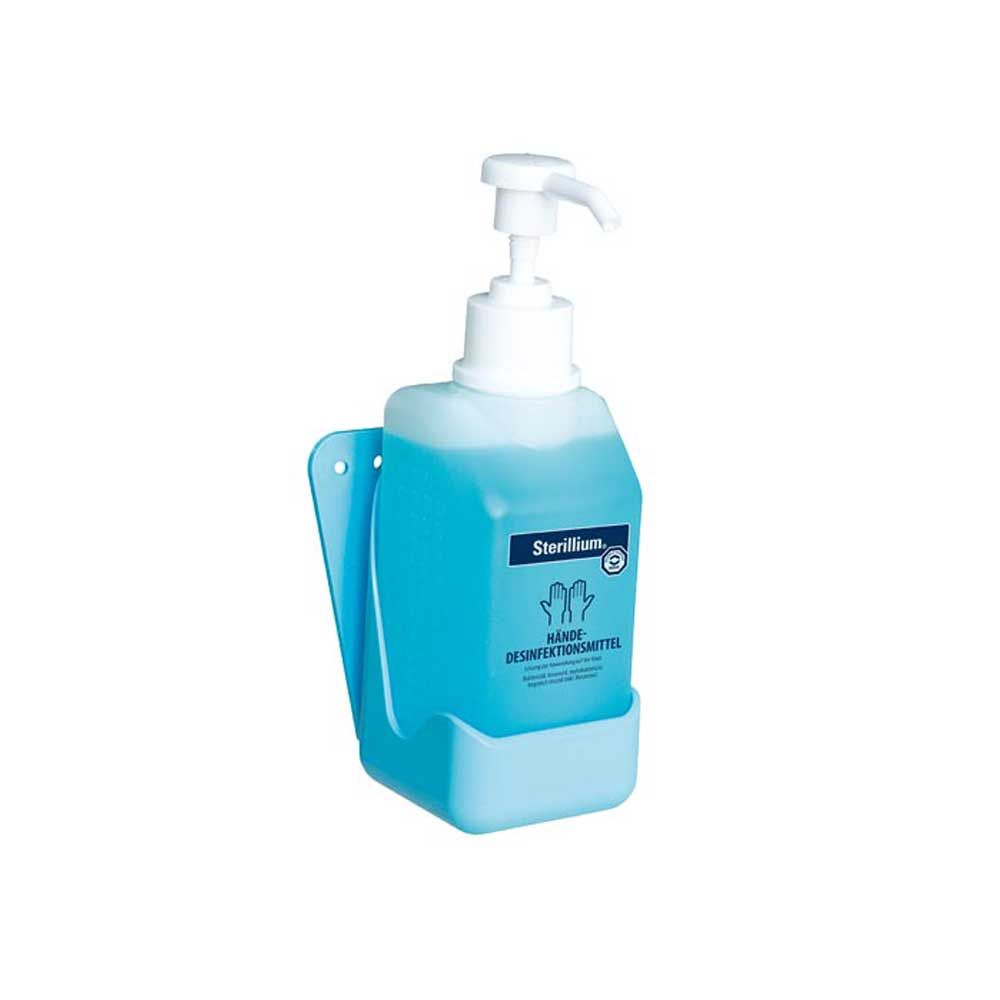 Händedesinfektionsspender mit Pumpe im blauen Wandhalter, transparentes Fach