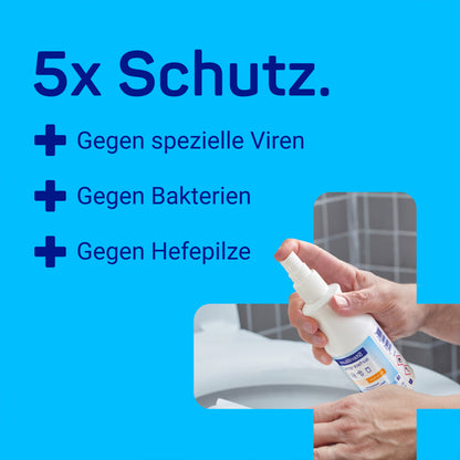 Werbegrafik: „5x Schutz“ gegen spezielle Viren, Bakterien und Hefepilze
