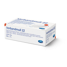 Hartmann Verbandmull ZZ Packung, Seitenansicht, weiß mit blauer Schrift und orangefarbenen Details