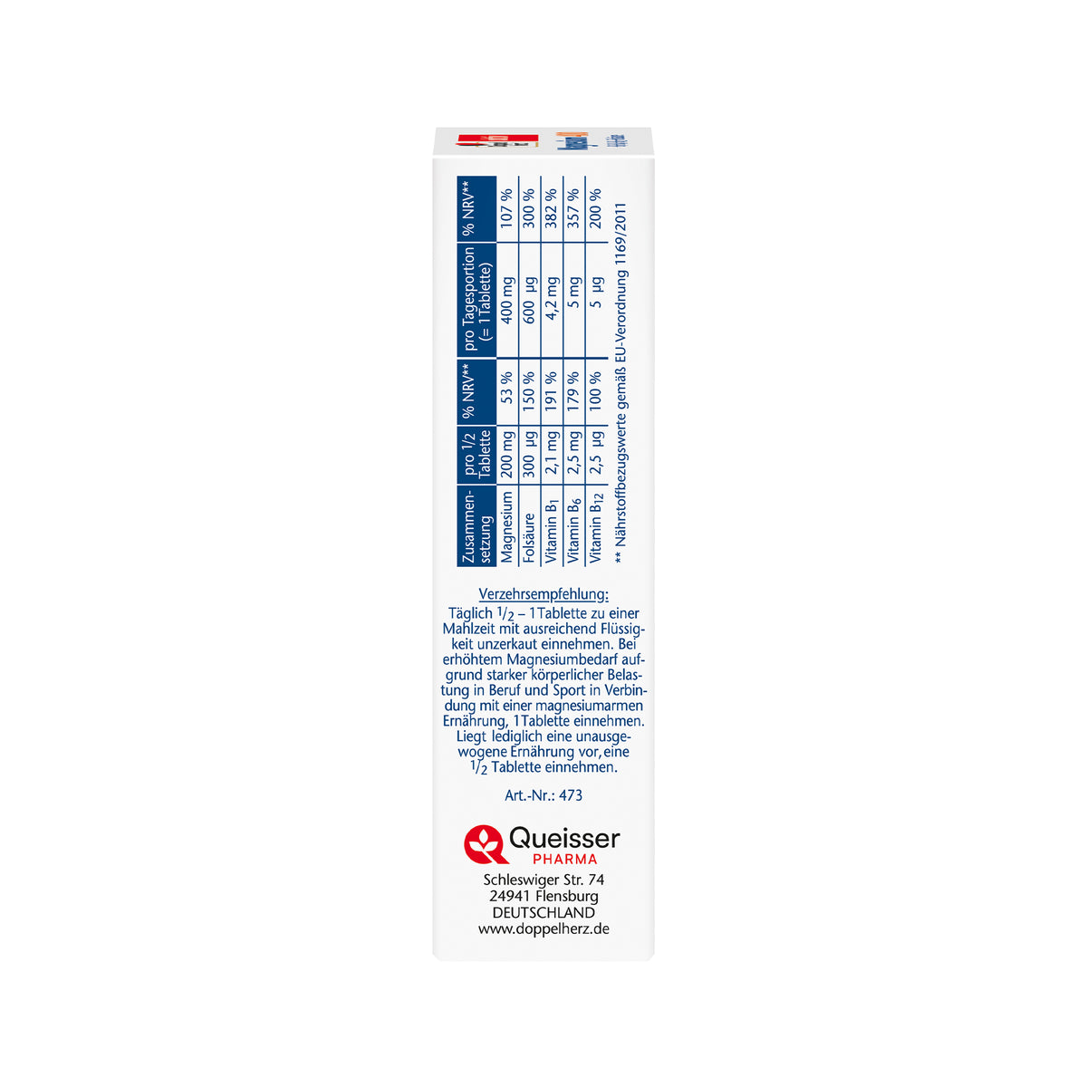 Magnesium-400 Tablettenbox mit Wirkstofftabelle und Herstellerangaben