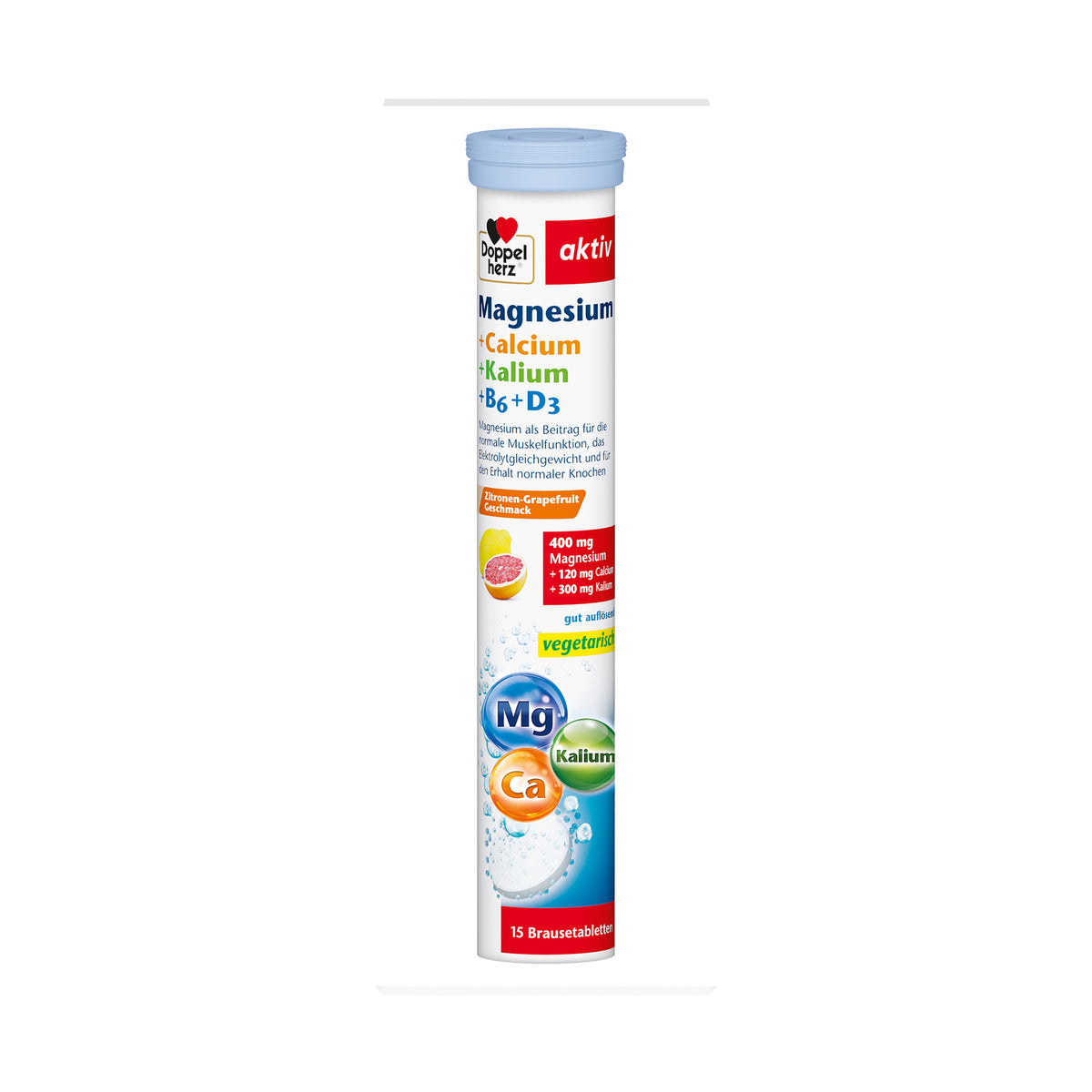 Doppelherz aktiv Brausetabletten-Dose mit Etikett: Magnesium, Calcium, Kalium, 15 Stk.