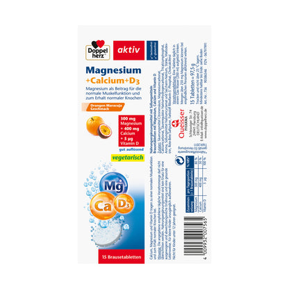 Doppelherz aktiv Magnesium+Calcium+D3 Brausetabletten, Rückseite mit Nährwertangaben