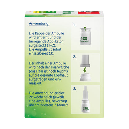 Doppelherz aktiv Haar plus+ Packung mit Anwendungsschritten und Applikator-Abbildungen