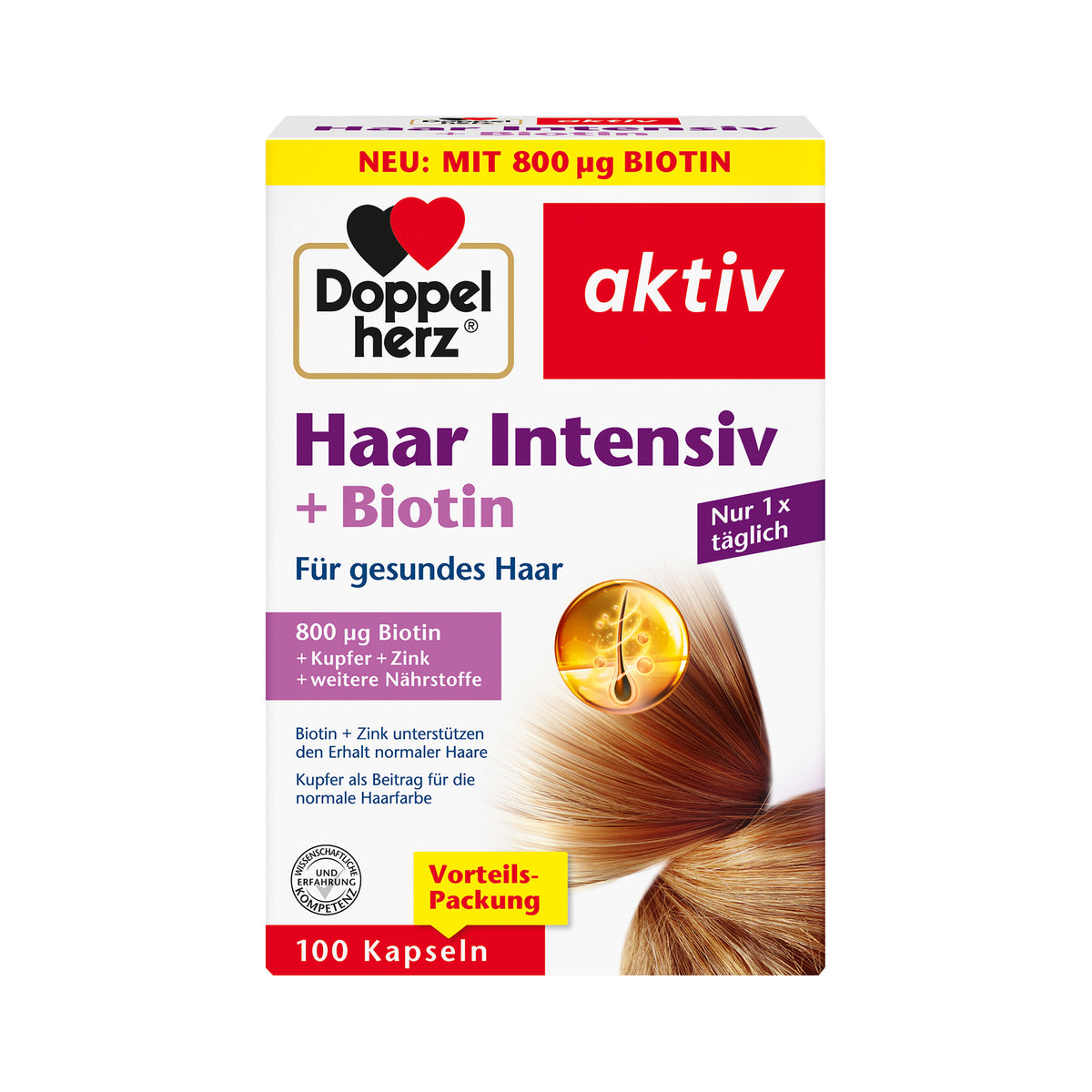 Doppelherz aktiv Haar Intensiv + Biotin, 100 Kapseln Packung.
