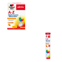 Brausetabletten-Set Doppelherz aktiv A-Z: Kartonpackung und Röhrchen mit rotem Deckel