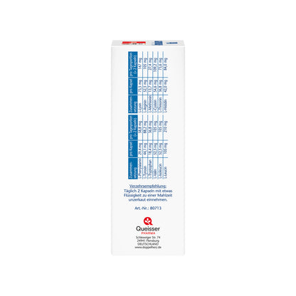 Kapselverpackung Rückseite mit Inhalts- und Herstellerangaben, blau bedruckt