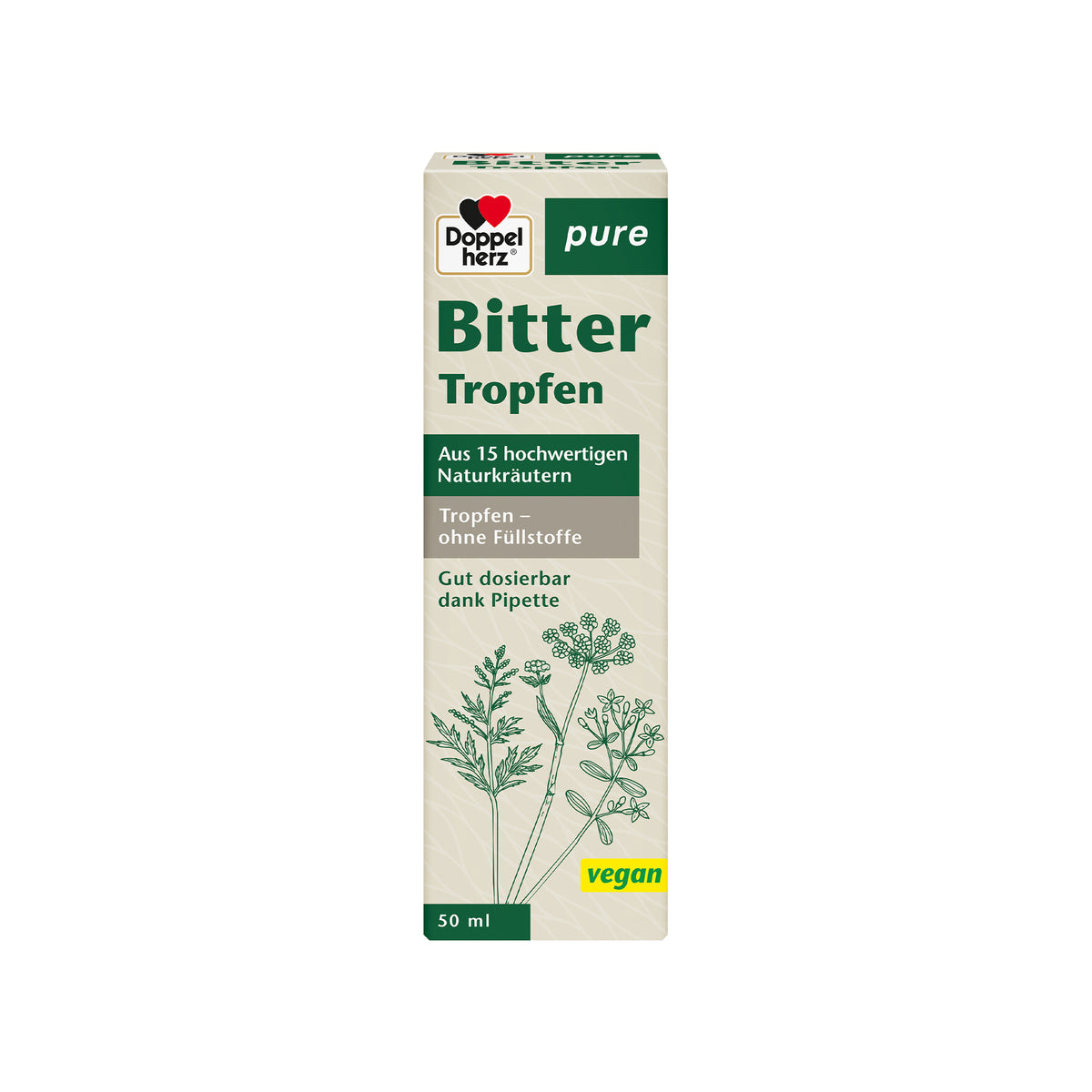 Doppelherz pure Bitter Tropfen, 50 ml Packung mit Kräuterillustration