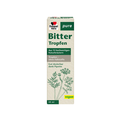 Doppelherz pure Bitter Tropfen, 50 ml Packung mit Kräuterillustration