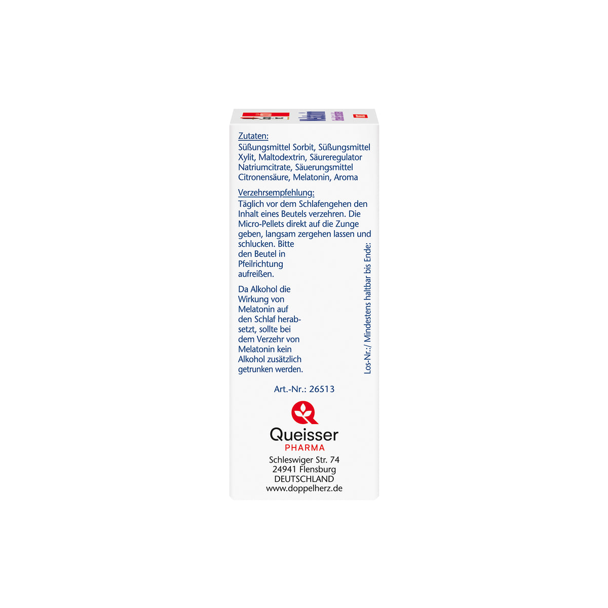 Melatonin-Beutel Packung, Rückseite mit Zutaten und Herstellerangaben