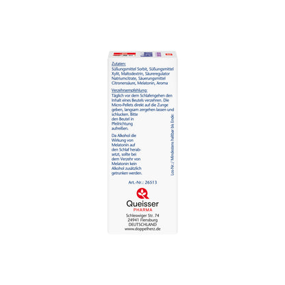 Melatonin-Beutel Packung, Rückseite mit Zutaten und Herstellerangaben
