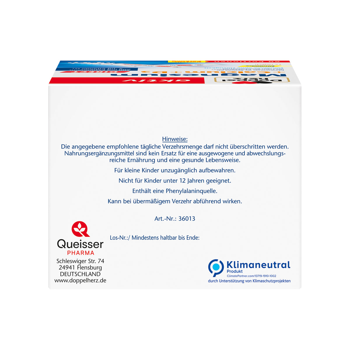 Rückseite der Doppelherz aktiv Magnesium + Calcium + D3 Packung mit Hinweisen
