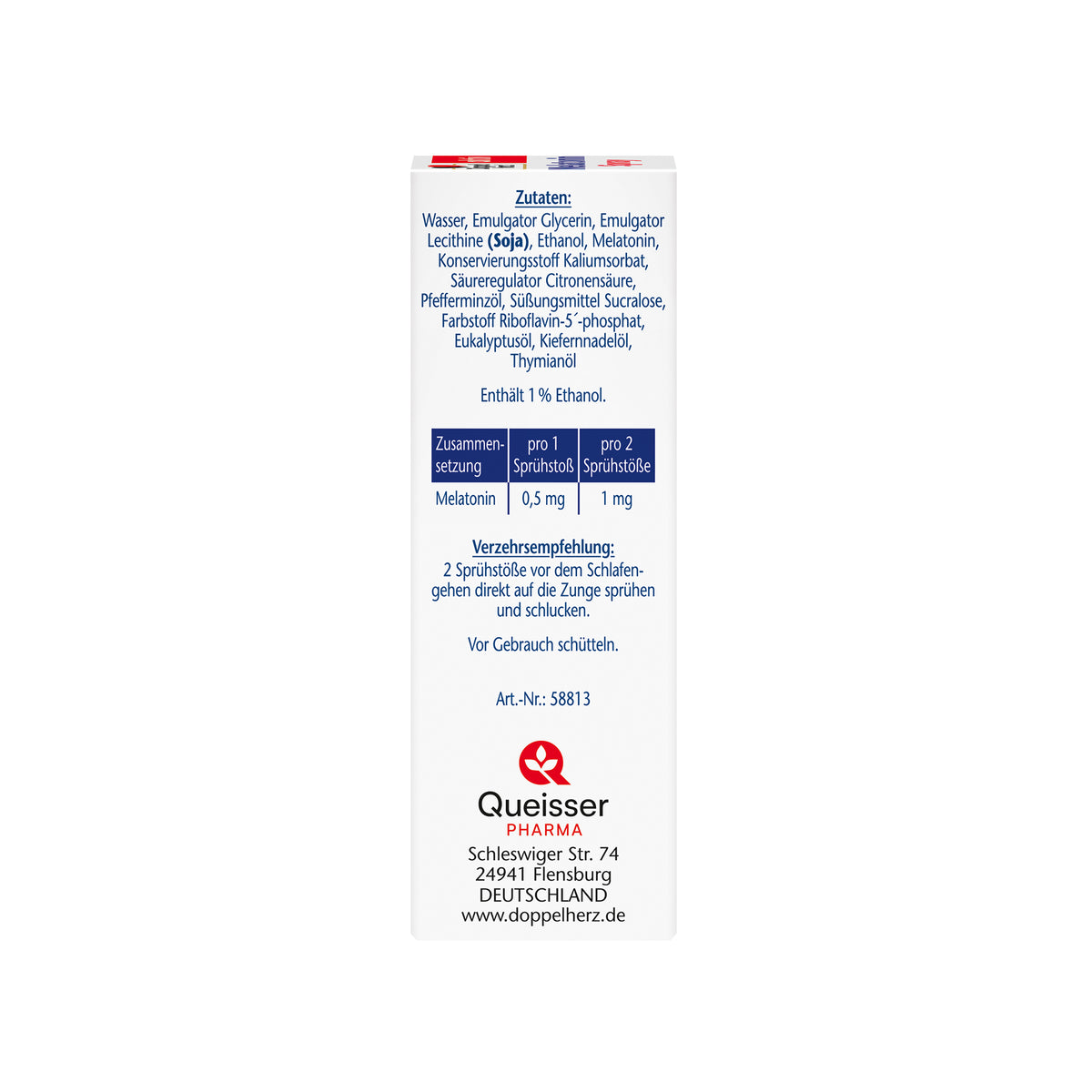 Doppelherz aktiv Melatonin-Spray, 20 ml, Rückseite mit Inhaltsstoffen und Tabelle