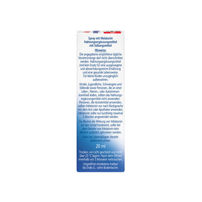 Doppelherz aktiv Melatonin-Spray, 20 ml, Rückseite mit Anwendungshinweisen