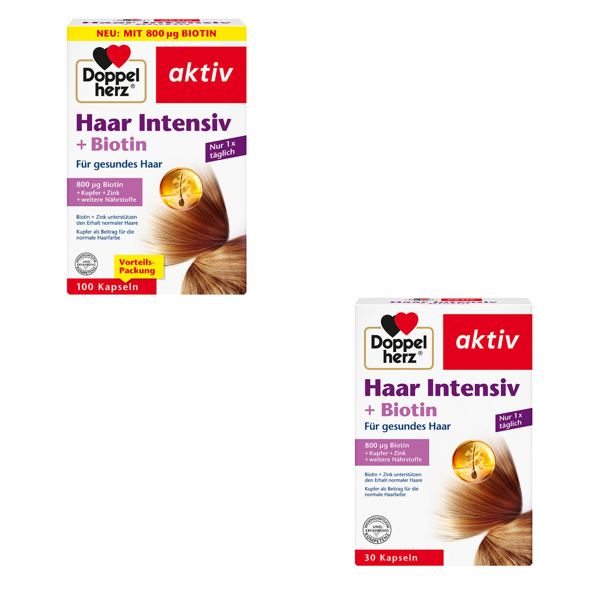 Doppelherz aktiv Haar Intensiv + Biotin, Packung mit 100 und 30 Kapseln.