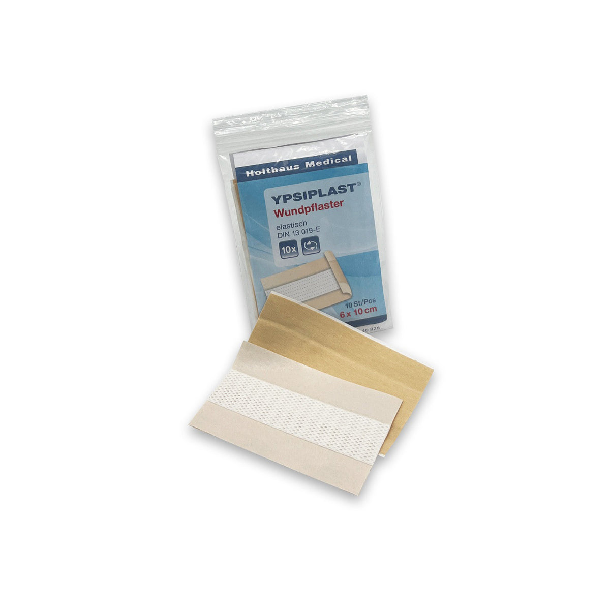 YPSIPLAST® Wundpflaster, 6×10 cm, steril verpackt; mehrere Pflasterstücke sichtbar