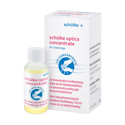 Schülke optics® Konzentrat-Flasche neben Karton, gelbe Flüssigkeit, Trainingsprodukt