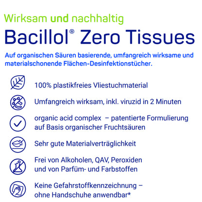 Texttafel: Bacillol® Zero Tissues, wirksam & nachhaltig, frei von Alkohol und Duftstoffen