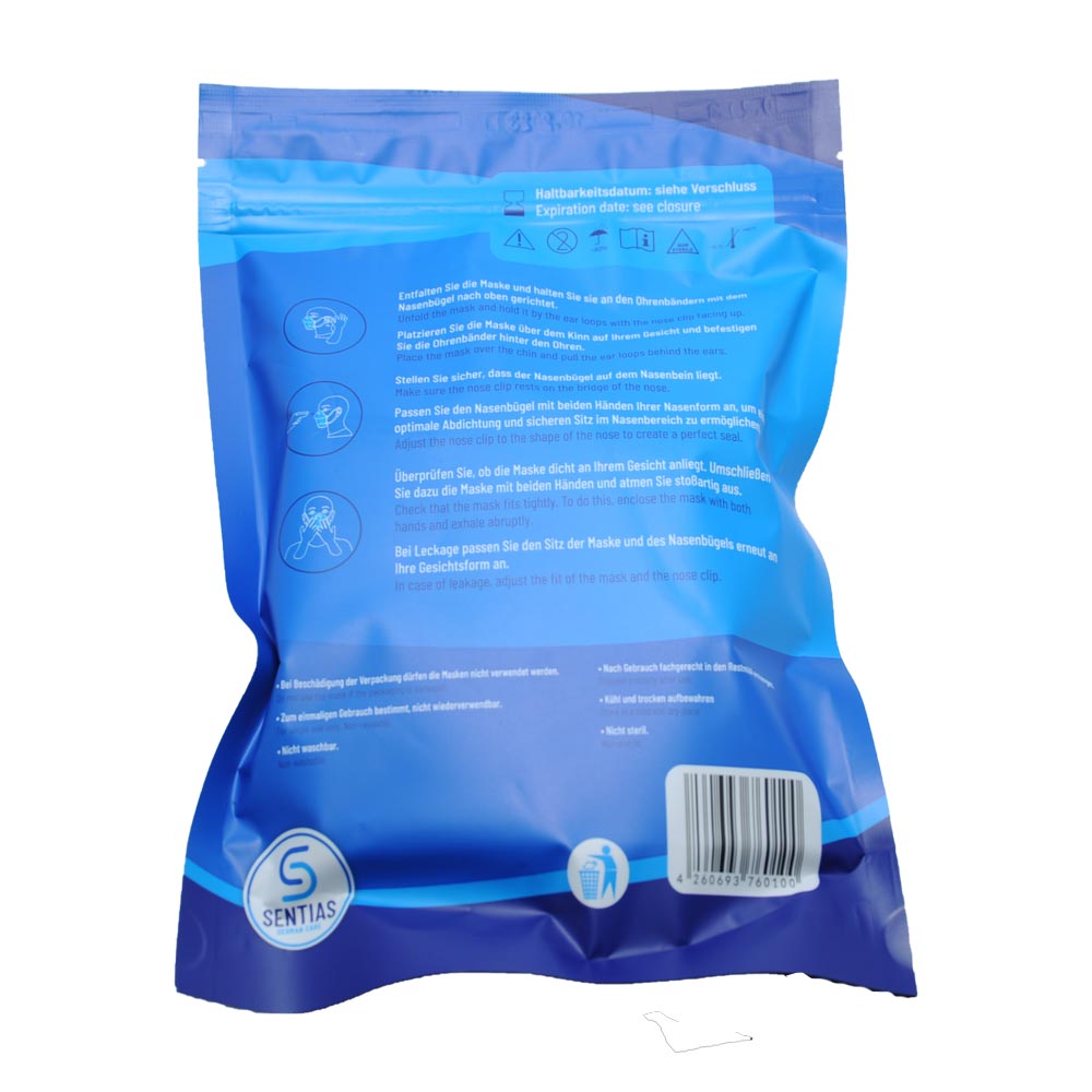 FFP2-Faltmaske, Rückansicht der blauen 10er-Verpackung mit Text
