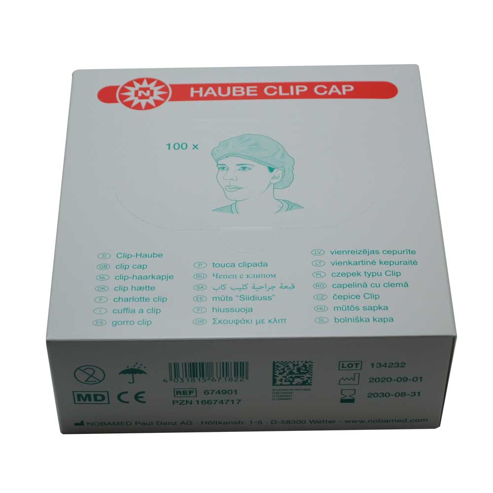 Verpackungsbox für Noba Einmal-Schutzhauben Clip Cap, 100 Stück, mit Logo
